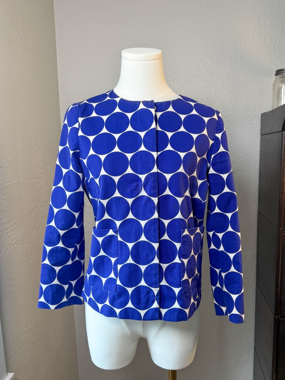 Boden Royal Blue & White Polka Dot Structured Hidden Button Blazer Size 4R